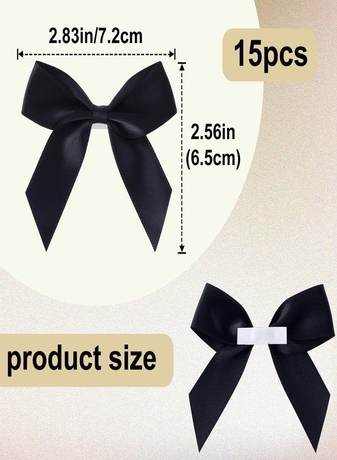 STSTR 15PCS Self-Adhesive Black Bow Decor, 2.5" Premade Satin Ribbon Bow, Soft Small Craft Bowknots for Present Wrapping, Cute Cake Bows for Wedding Birthday Party Decoration - Black - Image 2
